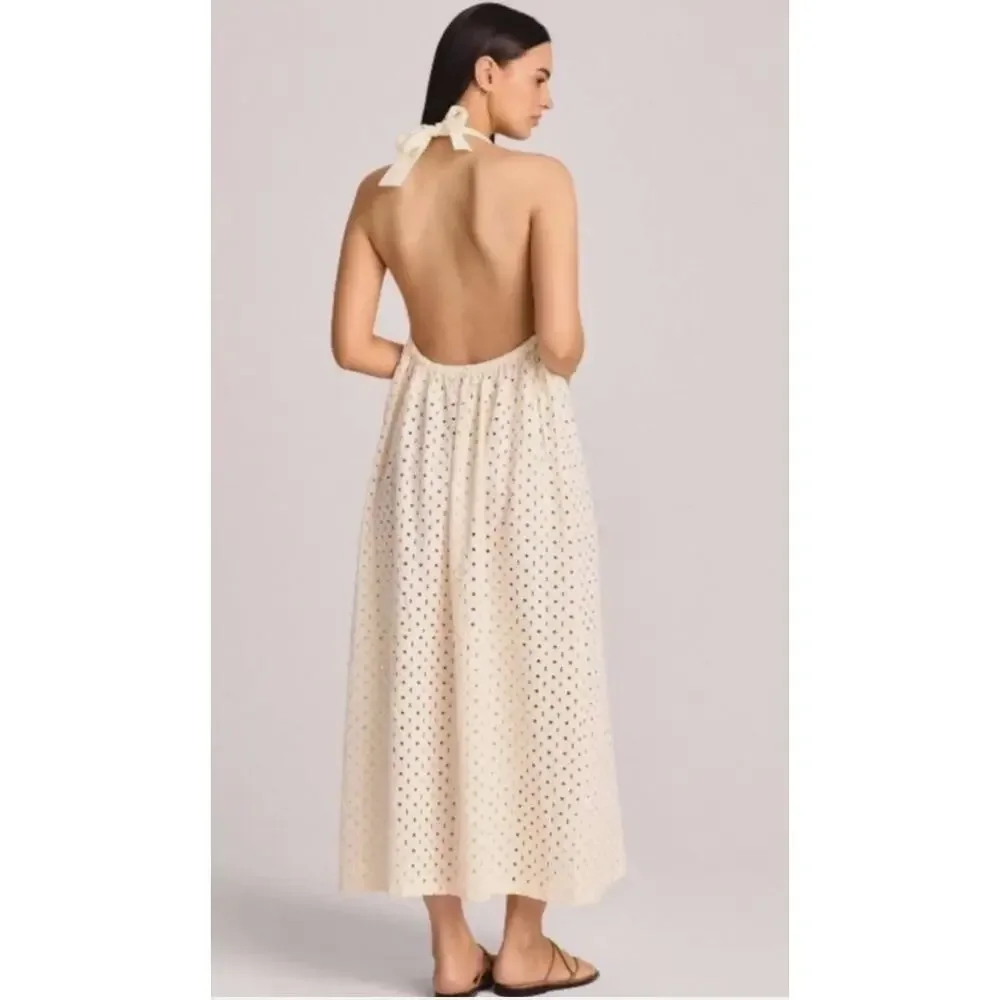 Vitamin A Off White Halter Top Maxi Cover Up Eyelet Swim Dress Womens Medium